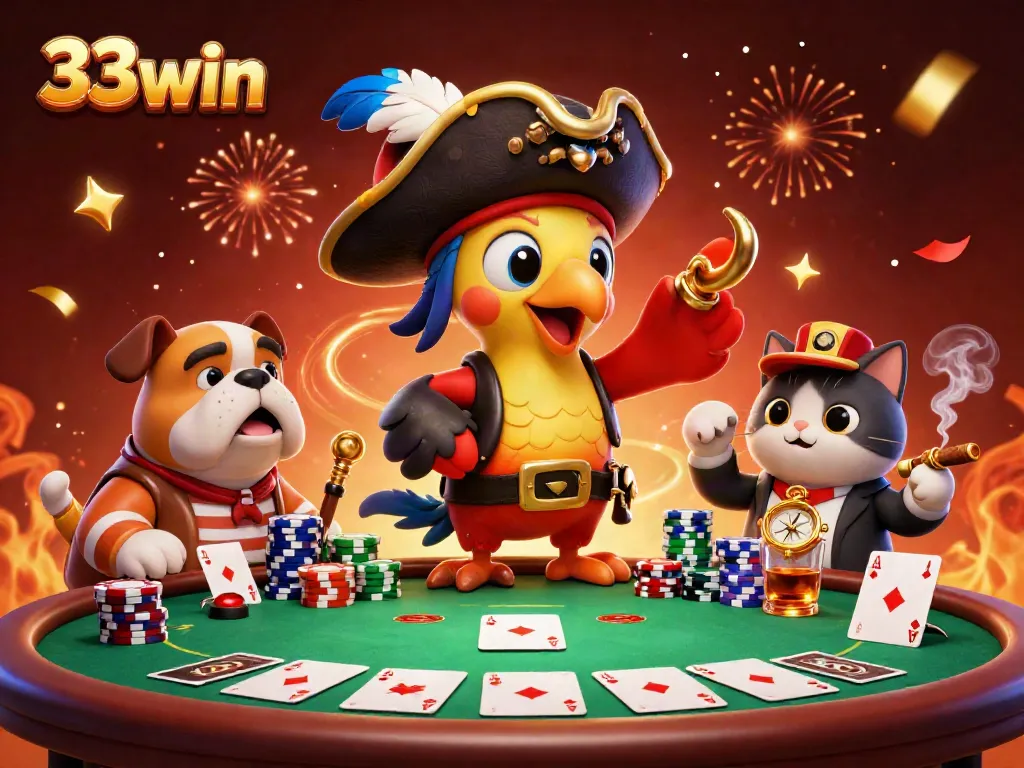 Exciting poker scene with 33win characters, featuring a pirate captain, bulldog, and cat navigating the game elements.