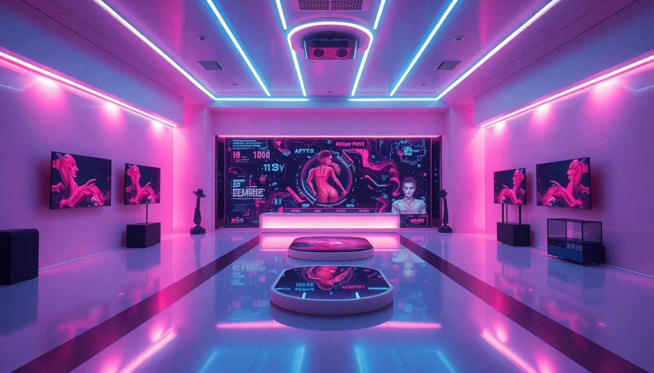 AI porn concept with futuristic interface in a modern adult entertainment studio.