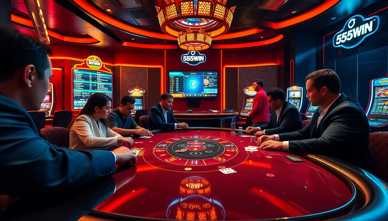 Engaged players enjoying a game at 555WIN, surrounded by vibrant casino graphics and dynamic online betting elements.