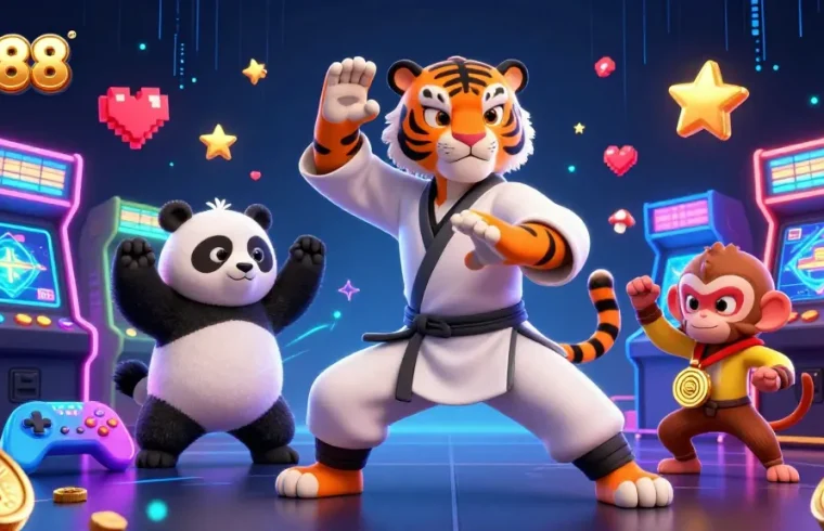 Engage with thrilling LV88 gaming action featuring a kung fu tiger master and vibrant arcade elements.