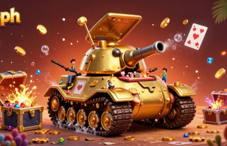 Experience the excitement of vipph's casino in a dynamic 3D illustration with a golden beetle tank revealing a miniature venue.