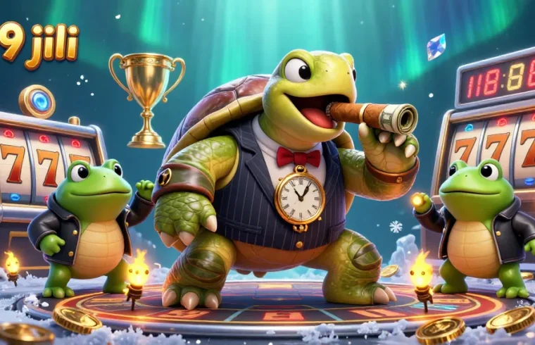 Engage with 999 jili's vibrant casino scene featuring a snapping turtle in a stylish suit amidst dynamic gaming elements.
