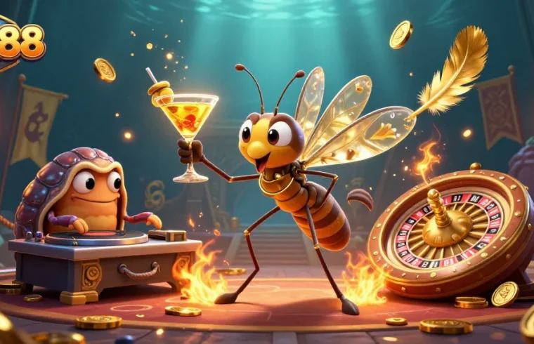 Join RR88's vibrant casino experience with a frozen mosquito mascot and trilobite DJ.