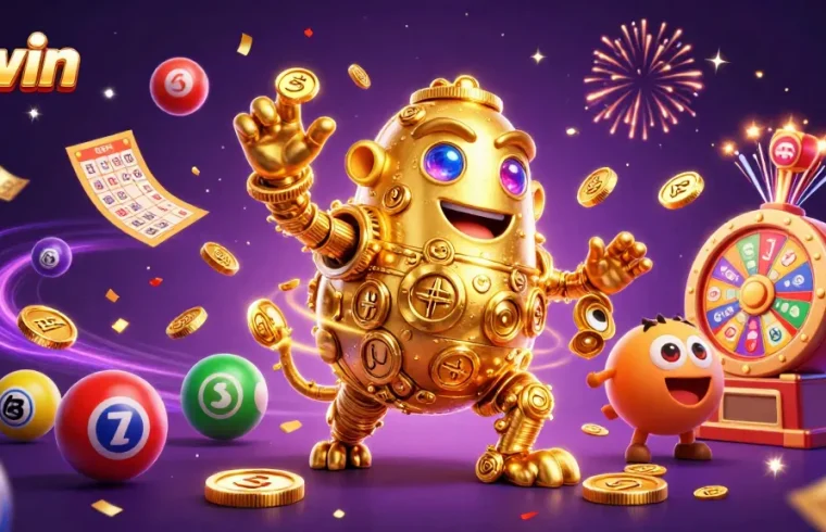 11win casino-themed illustration showcasing vibrant lottery elements, golden golem, and engaging graphics.