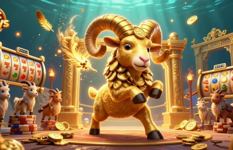 A cartoon scene showcasing the best online pokies real money, featuring a golden ram charging through a slot-themed arena with gold coins and vibrant effects.
