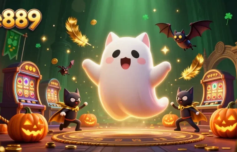 Experience big wins at ae889 with a lively ghost cat and poker jack-o-lanterns in a haunted casino.
