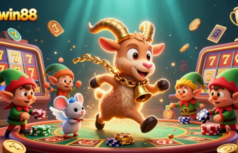 Join the action at sunwin88 with festive gambling characters in a vibrant casino scene.